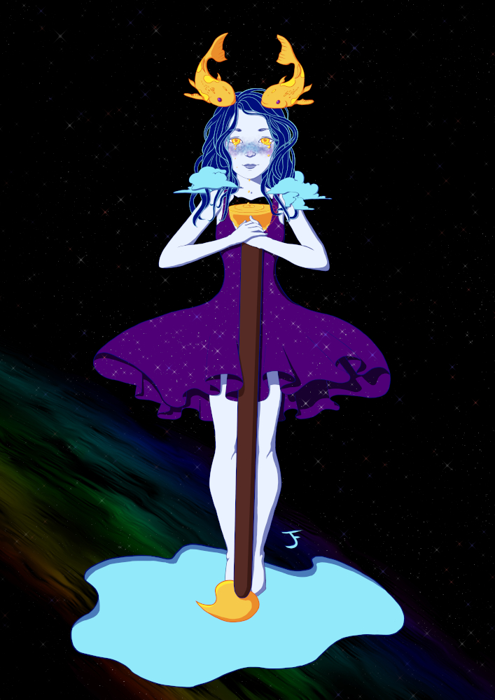 Illustration of a woman with blue hair, golden eyes, and nebula freckles wearing a purple, flowing dress holding a large paintbrush while standing in a blue paint puddle with a  starry, rainbow background. Two koi fish swim above her head almost look like a crown.