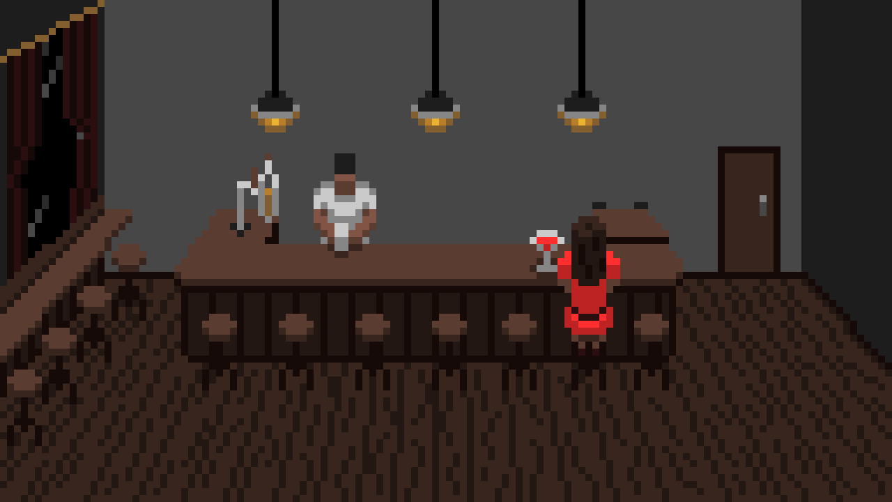 Pixel art illustration of the interior of a bar with a man behind the bar cleaning a glass and a woman in a red dress sitting at the bar with a cocktail glass on the bar next to her.