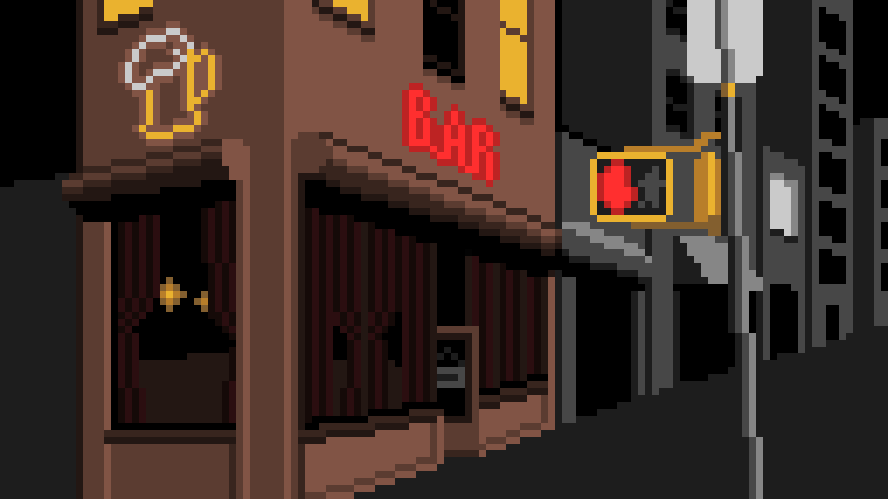 Pixel art illustration of a corner of a building with the word 'BAR' in lights over the door and a mug of beer on the side of the building.